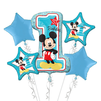 Bouquet de Globos Metálicos Primer Cumpleaños Mickey Mouse 5 piezas Sin Inflar
