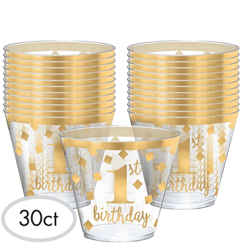 Vasos de Plástico Primer Cumpleaños Dorado 9 onzas 30 piezas