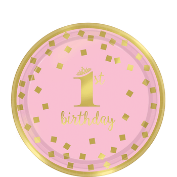 Platos de Papel Primer Cumpleaños Confeti Rosa con Dorado de 7 Pulgadas, 8 piezas