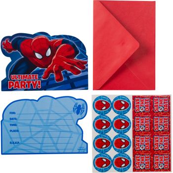 Kit de Invitaciones "Save The Date" Fiesta Spiderman 8 tarjetas 8 sobres 8 sellos 8 stickers